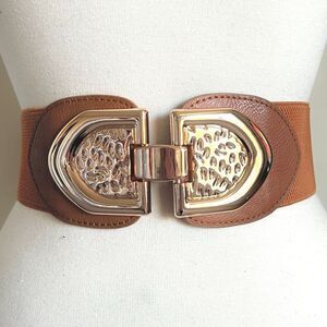 Wide Brown Stretch Belt with Gold Buckle – Statement Waist Cincher Accessories